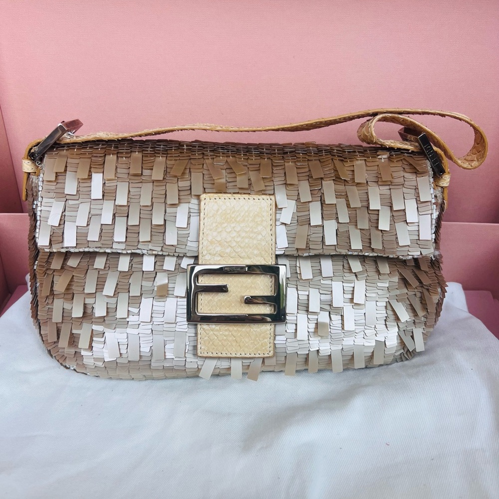 RARE Vintage Fendi Baguette Gold Beige Ivory Sequined Embellished Beaded Python